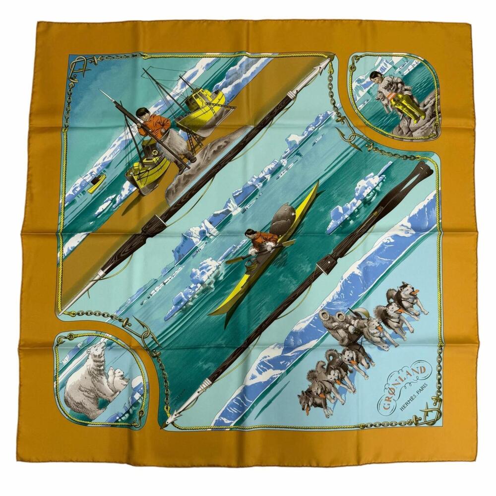 HERMES Carre 90 GRONLAND (Greenland) 100% Silk Scarf/Muffler, Yellow, Made in...